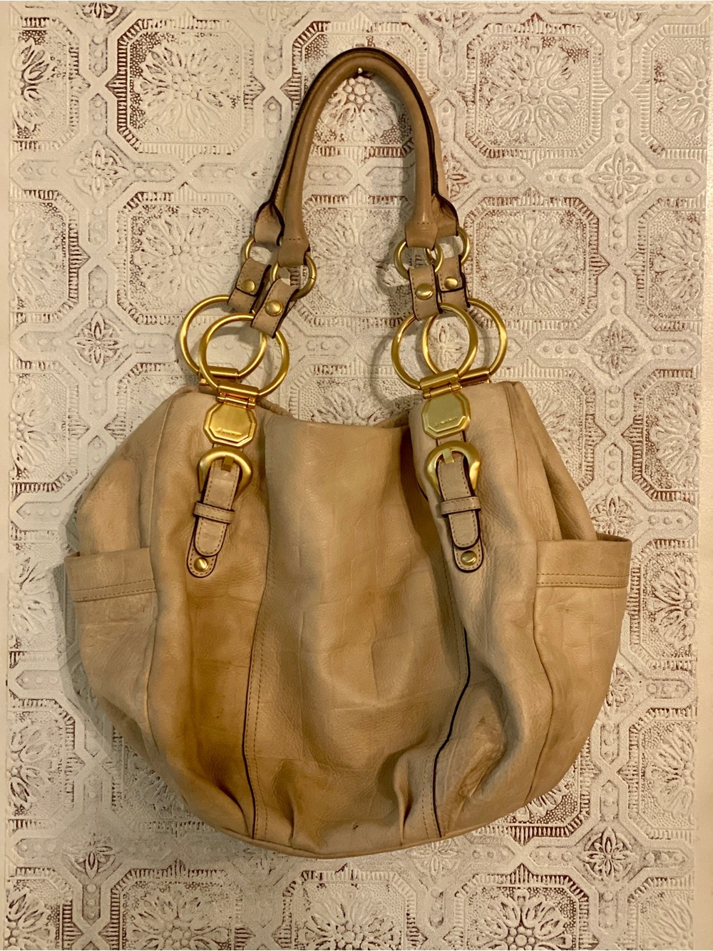 b. makowsky Tan Leather Hobo with Gold Ring Hardware